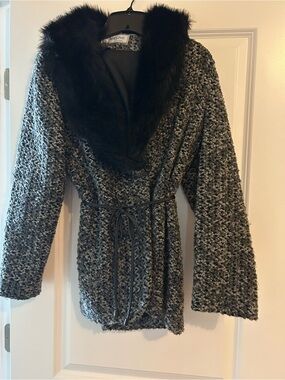 Madeline Black Faux Fur Trim Gray Bouclé Wrap Cardigan